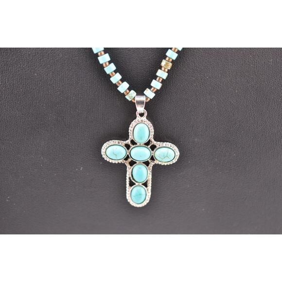 Turquoise Beaded Cross Necklace - Southwestern - Picture 2 of 3
